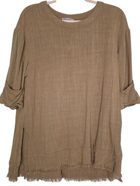 REMIXMESS short-sleeved brown linen-blend crewneck blouse
